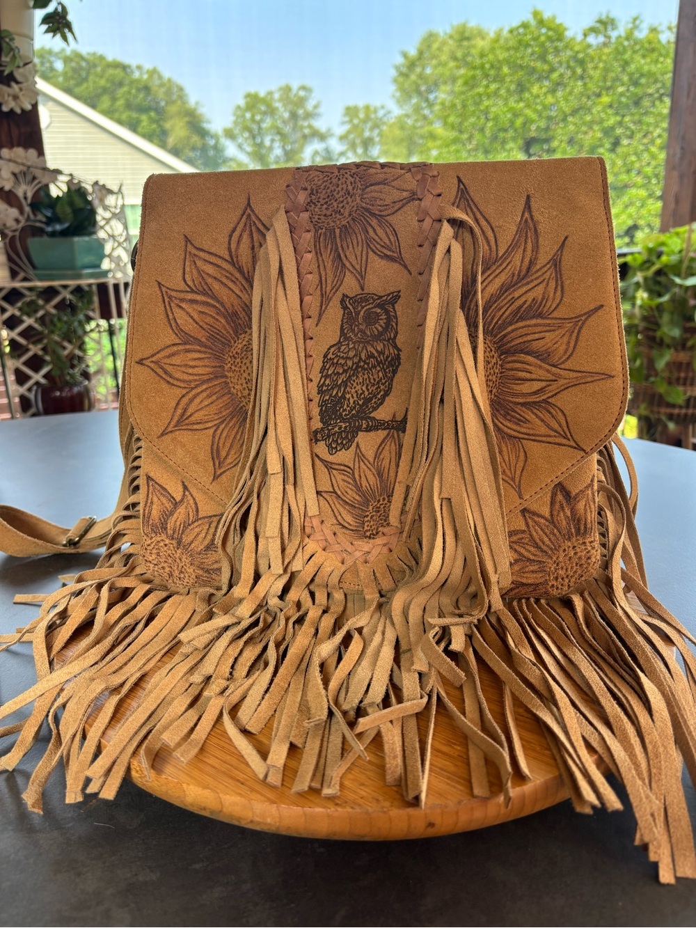Tan Suede Fringe Crossbody with Owl & Sunflower Etching